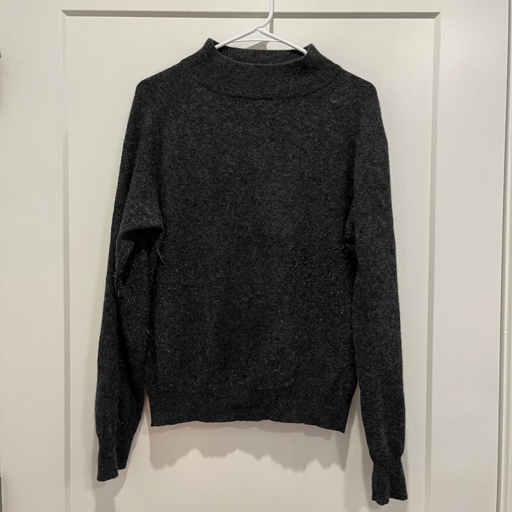 Lands End Vintage Lambswool Angora Mock Neck Sweater Charcoal Gray Womens Large